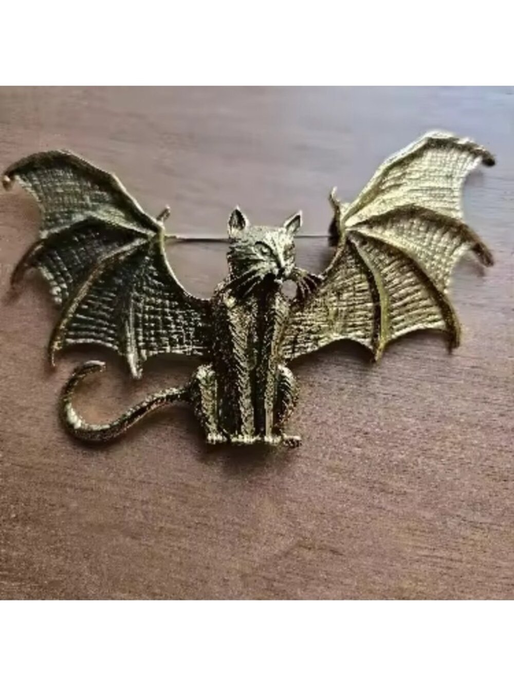 Gothic Bat Cat Brass Brooch - Picture 9 of 14
